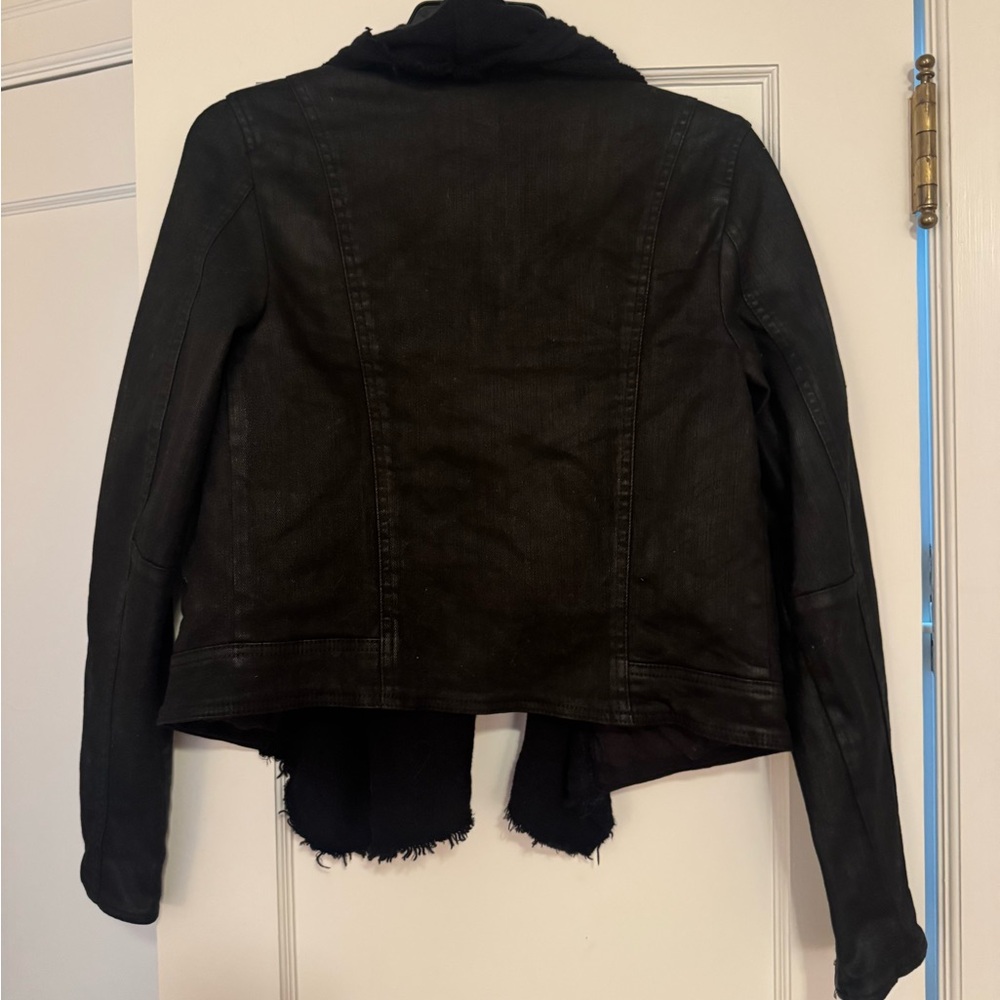 Free People Women's Black Jean Jacket with crochet material in center. - Picture 3 of 11